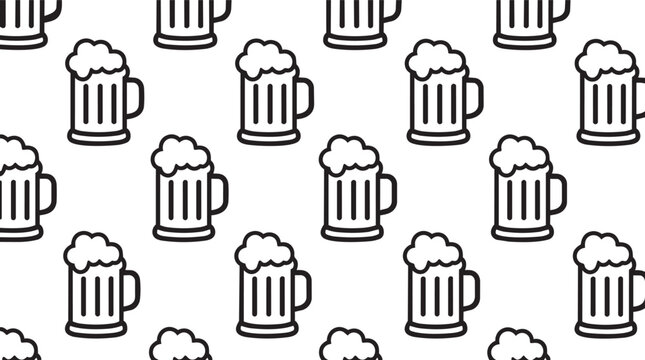 Beer mug pattern with foam outline icons on white background