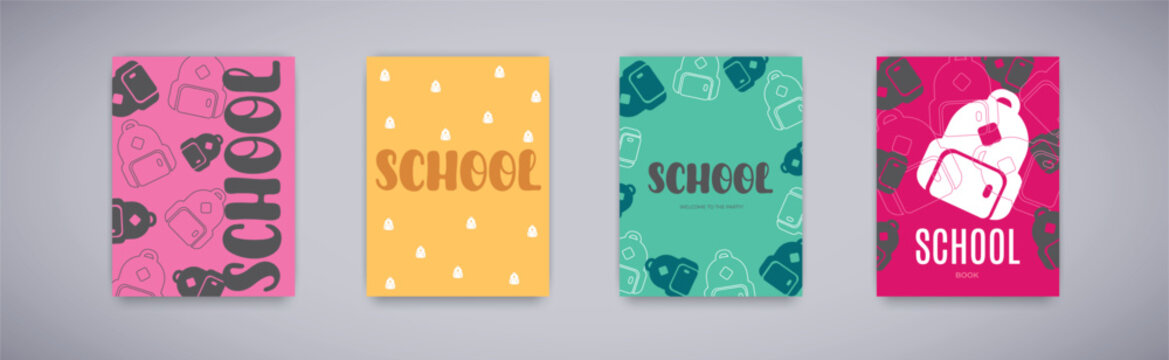 Posters with school backpack in colorful vibrant style. School text.