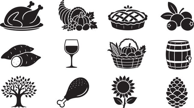 Thanksgiving harvest icons set featuring turkey, pie, and vegetables