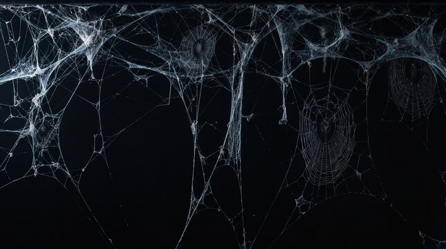 Real creepy spider webs hanging on black banner as a top border