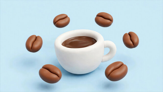 White coffee cup surrounded by large beans on blue