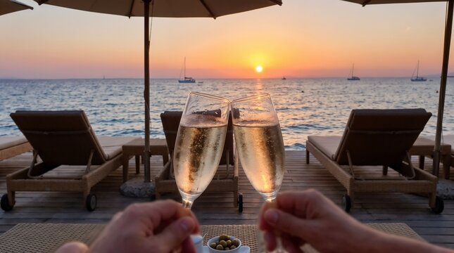 POV perspective of two people toasting with champagne glasses at a seaside lounge overlooking an ocean sunset. Ideal for luxury travel promotions, honeymoon resort advertisements, and vacation banners