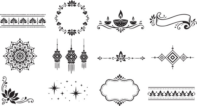 Traditional Indian Diwali Decorative Elements and Ornamental Border Collection Set