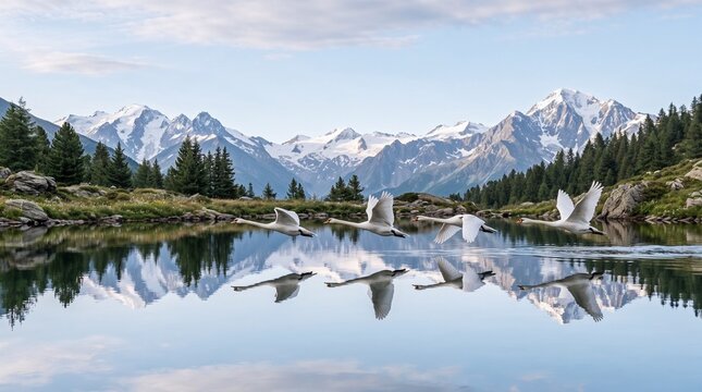 A flock of peaceful white swans flying low across a smooth mirror-like alpine lake reflecting towering snow-capped mountain peaks. Ideal for wildlife conservation posters, travel and nature magazines