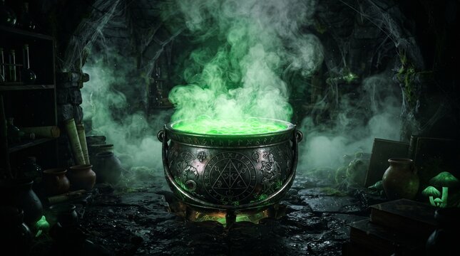 Cauldron with green glowing potion isolated on a dark foggy background