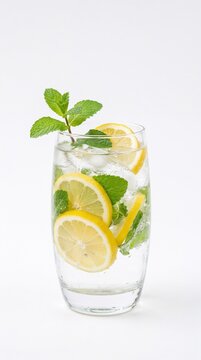 A tall glass of refreshing sparkling water filled with fresh sliced lemons, ice cubes, and mint leaves. Ideal for beverage menus, healthy lifestyle campaigns, and summer drink advertisements