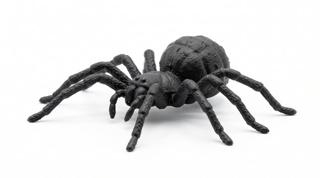 Fake rubber spider toy isolated over a white background. black spider toy isolated on a transparent background. Comic horror for Halloween.