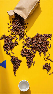 Coffee beans forming world map on bright yellow background