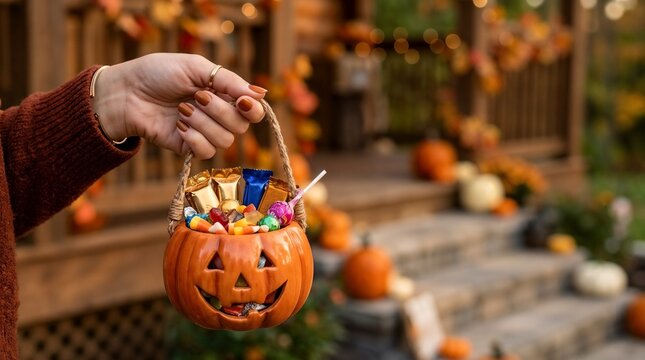 Woman holding a small ceramic pumpkin basket filled with assorted candies in front of a rustic porch decorated for Halloween. Perfect for seasonal marketing campaigns and Halloween greeting cards