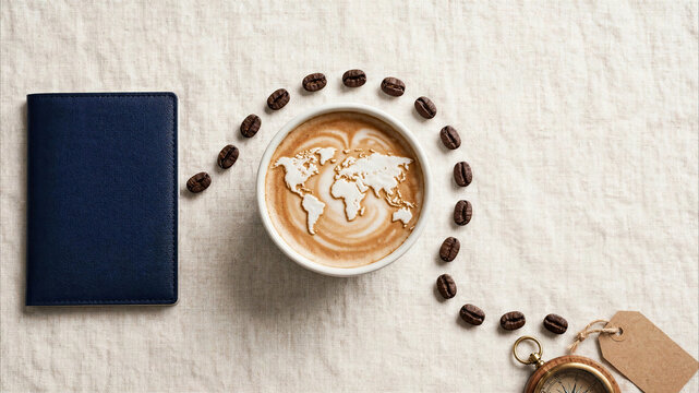 Latte with travel journal and coffee bean route