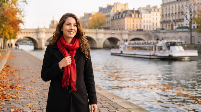 A smiling young woman wearing a black coat and a red scarf walks along the stone quay of the Seine river in Paris. Perfect for travel blogs, European tourism brochures, autumn lifestyle advertising