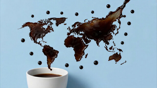 Coffee splash forming world map above white cup