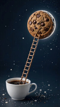 Cookie planet reached by ladder from coffee cup
