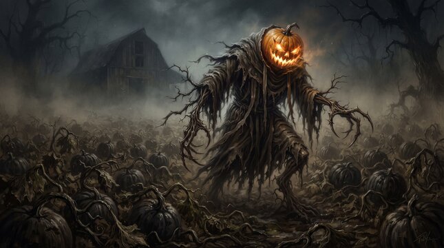 scary pumpkin head halloween monster portrait, neural network generated art