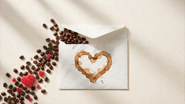 Coffee bean heart on envelope with red berries