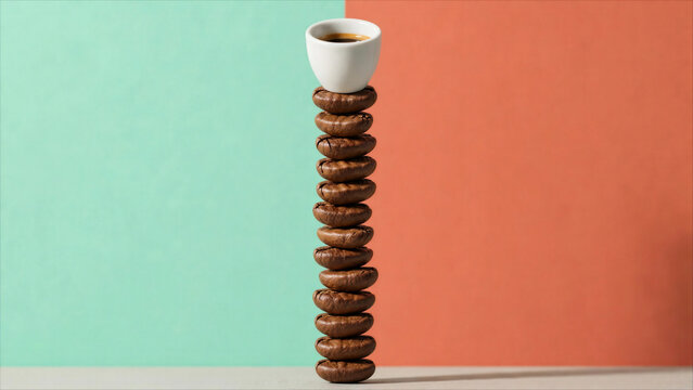 Tower of coffee beans balancing small cup