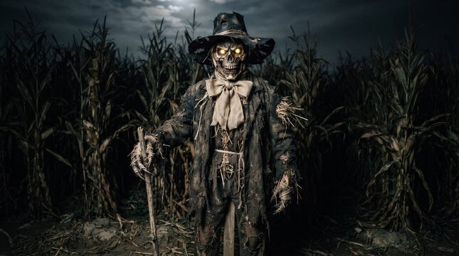 Scarecrow in a cornfield, halloween night wallpaper, spooky october picture, scary horror scarecrow