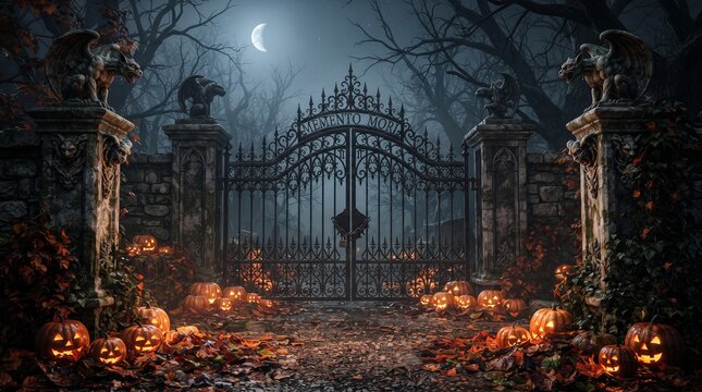 Gate with Halloween theme background. scary cemetery gate. Generative AI