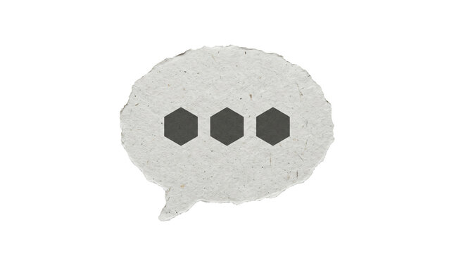 Torn paper speech bubble featuring three dark hexagonal icons arranged horizontally creating a communication concept isolated on transparent background