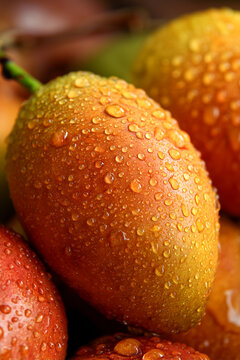 Macro shot of fresh ripe orange maprang tropical fruits covered in clear water drops, showcasing vibrant texture, exotic summer sweetness, and healthy organic concept