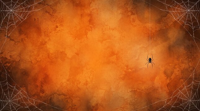 Abstract orange background with spiderwebs and a tiny spider clinging to a thread, concept for halloween backgrounds, spooky designs and themed events