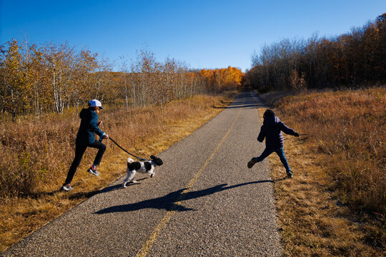Two young children having fun with their dog in a park