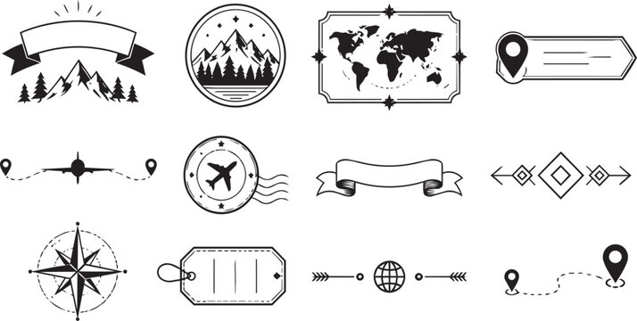 Travel adventure icons set with mountains maps and compass elements