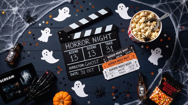 Movie clapperboard and halloween decoration. Horror movie night, halloween party invitation