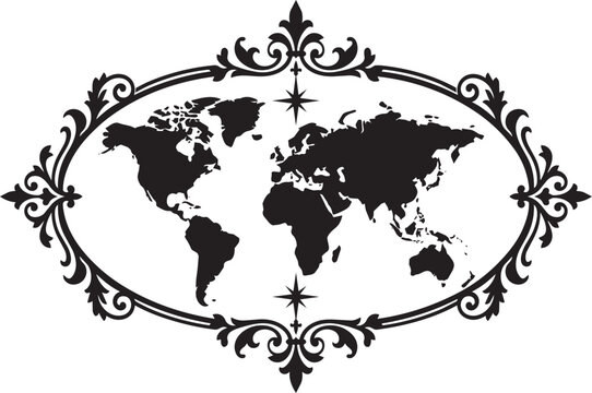 Black world map silhouette inside elegant vintage oval frame