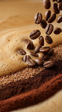 Falling coffee beans above coffee and cocoa layers