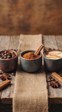 Coffee ingredients arranged beside blank burlap copy space