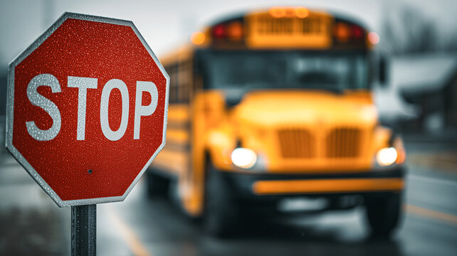 A close up of a red octagonal stop sign with textured surface on a street, with a blurred classic yellow school bus with glowing headlights in the background