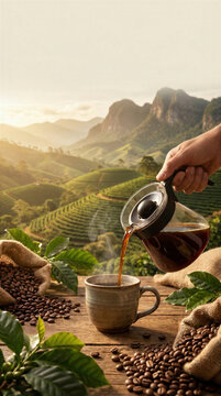 Coffee service kettle against plantation with large copy space