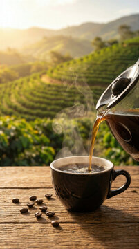 Coffee poured into cup overlooking plantation