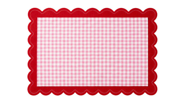 Rectangular placemat featuring pink and white checkered pattern with decorative red scalloped felt borders isolated clearly on transparent background