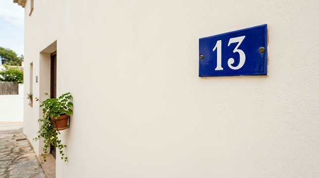 Numeric sign thirteen with extensive blank wall area for text placement. Cobalt residential identification marker mounted on a broad vacant surface perfect for copy space.  number thirteen house