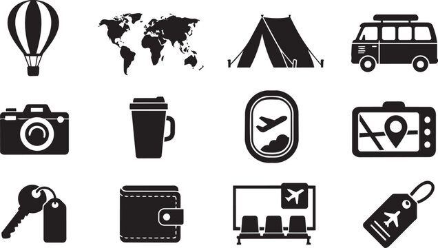 Travel and Tourism Icon Set Featuring Transportation and Vacation Elements