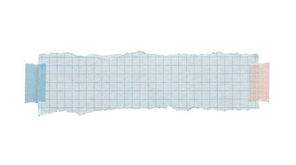 Rectangular piece of blue grid paper with torn edges and colorful adhesive tape strips isolated perfectly on transparent background © we.bond.png