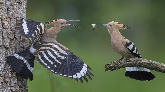 Hoopoe (Upupa epops) &ndash; Bird of the Year 2022, Male bringing food to the female, courtship gift, prey, foraging, interaction, pair, pair formation, mating, raised crest, sunrise, interaction, feeding, climate change, Middle Elbe Biosphere Reserve, Saxony-Anhalt, Germany