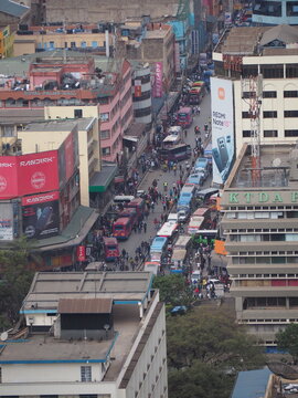 Aerial View of Tom Mboya Street Traffic and Matatus in Nairobi CBD
