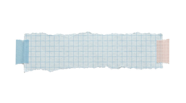 Rectangular piece of blue grid paper with torn edges and colorful adhesive tape strips isolated perfectly on transparent background