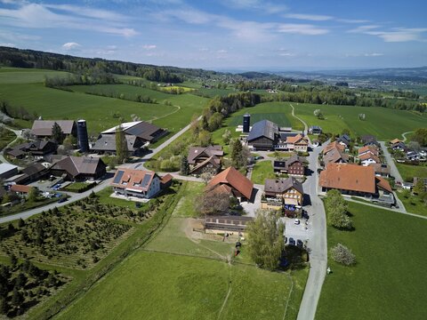 View of the village with farms, Geltwil, Freiamt, Canton of Aargau, Switzerland