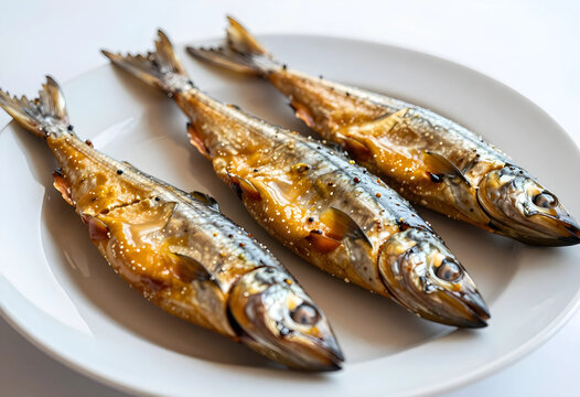 Healthy eating and seafood cuisine, three grilled fish on a white plate, nutritious meal preparation
