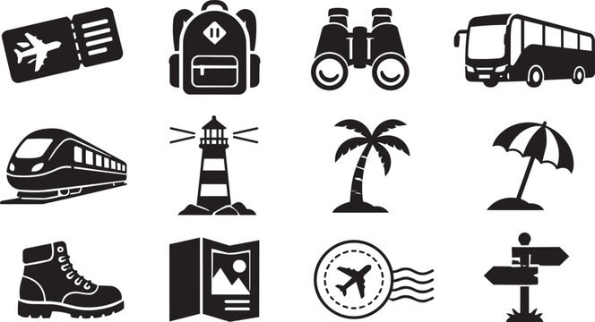 Travel and tourism icons set with transport and vacation symbols