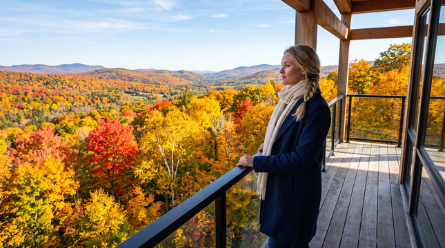 Peaceful blonde woman standing on wooden balcony admiring breathtaking view of vibrant autumn forest valley