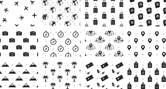 Travel elements seamless pattern set with monochrome vacation icons