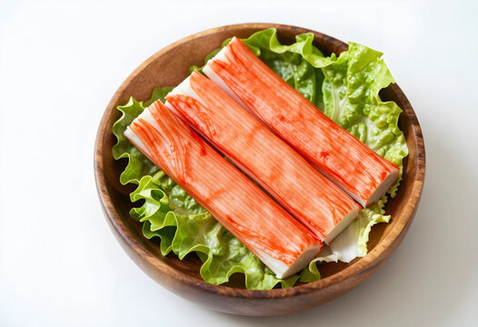 Crab sticks on lettuce in a wooden bowl, seafood and healthy eating concept, imitation crab meat for sushi and salads