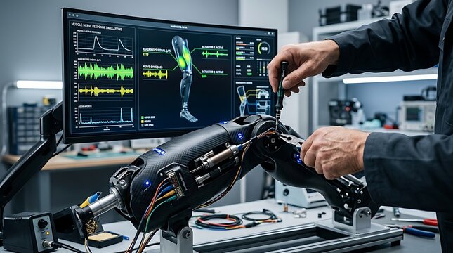 Advanced robotic prosthesis development and maintenance in a medical engineering laboratory with biometric data analysis on screen