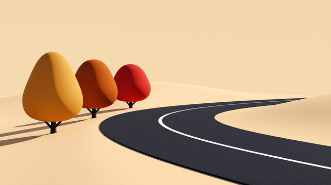 Stylized 3D render of winding asphalt road and autumn trees in warm beige tones against minimalist desert landscape with copy space