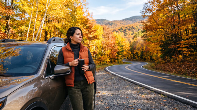 Thoughtful adventurous woman holding travel mug while leaning against her SUV on autumn road trip against scenic mountain backdrop
